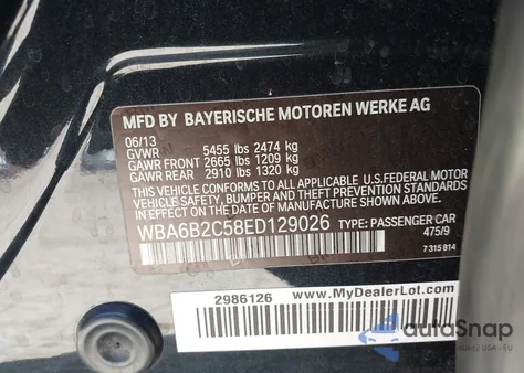 2014 BMW 650I Gran Coupe z USA, uszkodzony, nr VIN WBA6B2C58ED129026